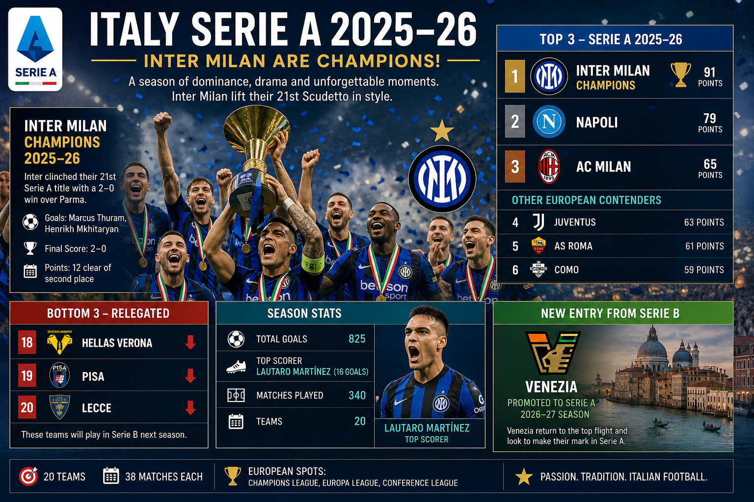 Ultima giornata di Serie A: Como e AS Roma festeggiano la Champions League, crollo totale per le big
